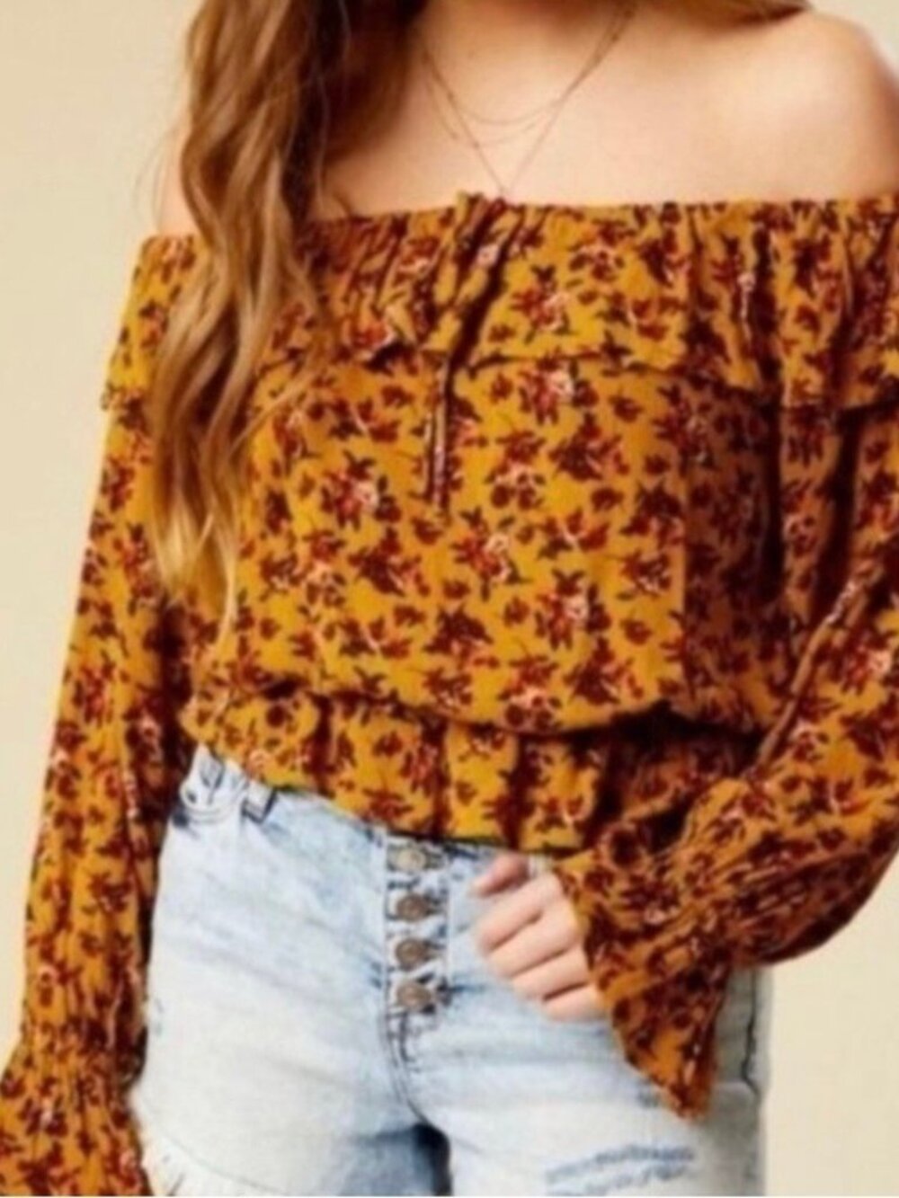 ALTAR’D STATE womens TOP mustard FLORAL pink BOHO ruffles OFF SHOULDER SIZE S